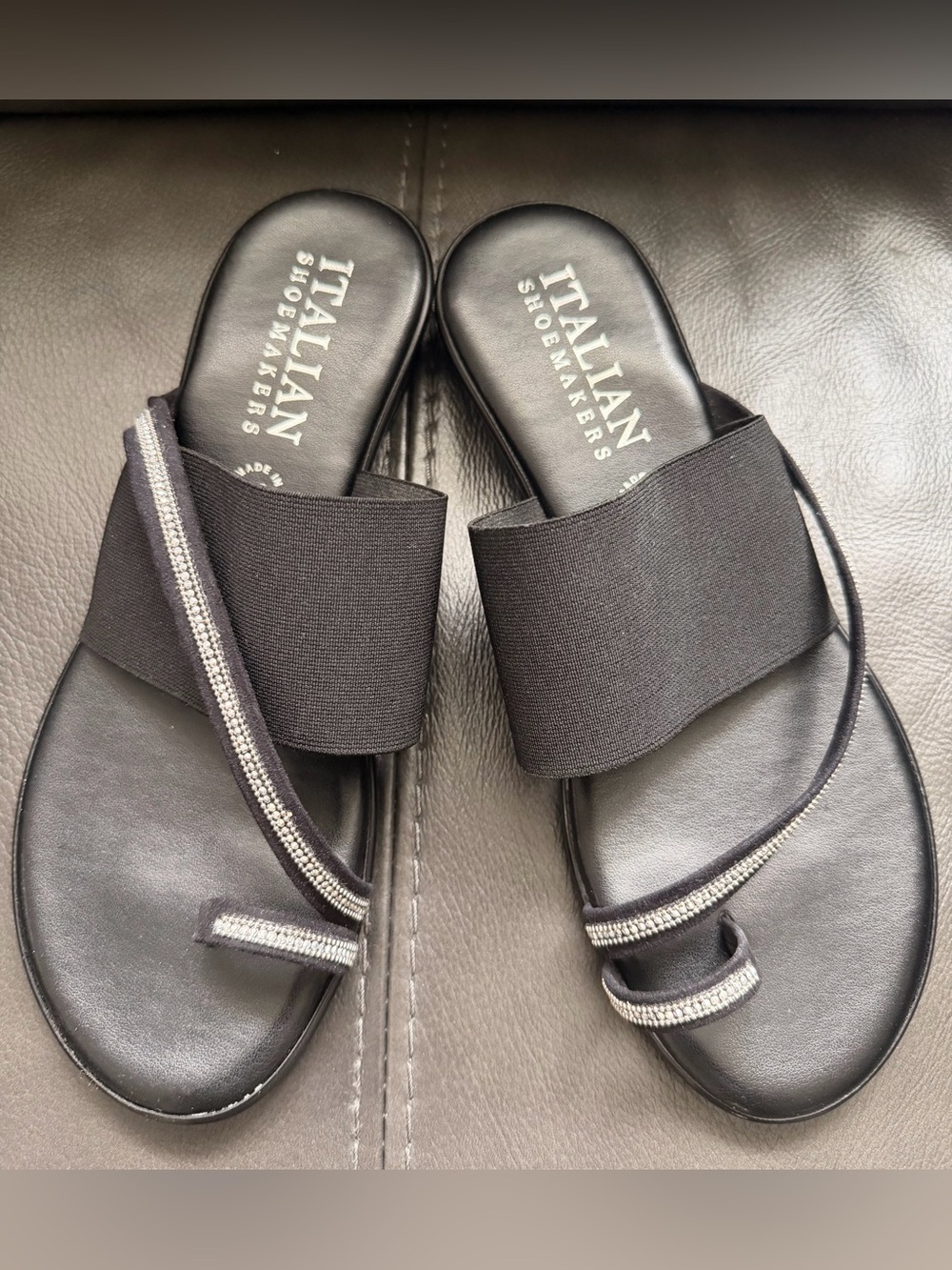 Italian Shoemakers Black Slip-On Sandals with Metallic Trim